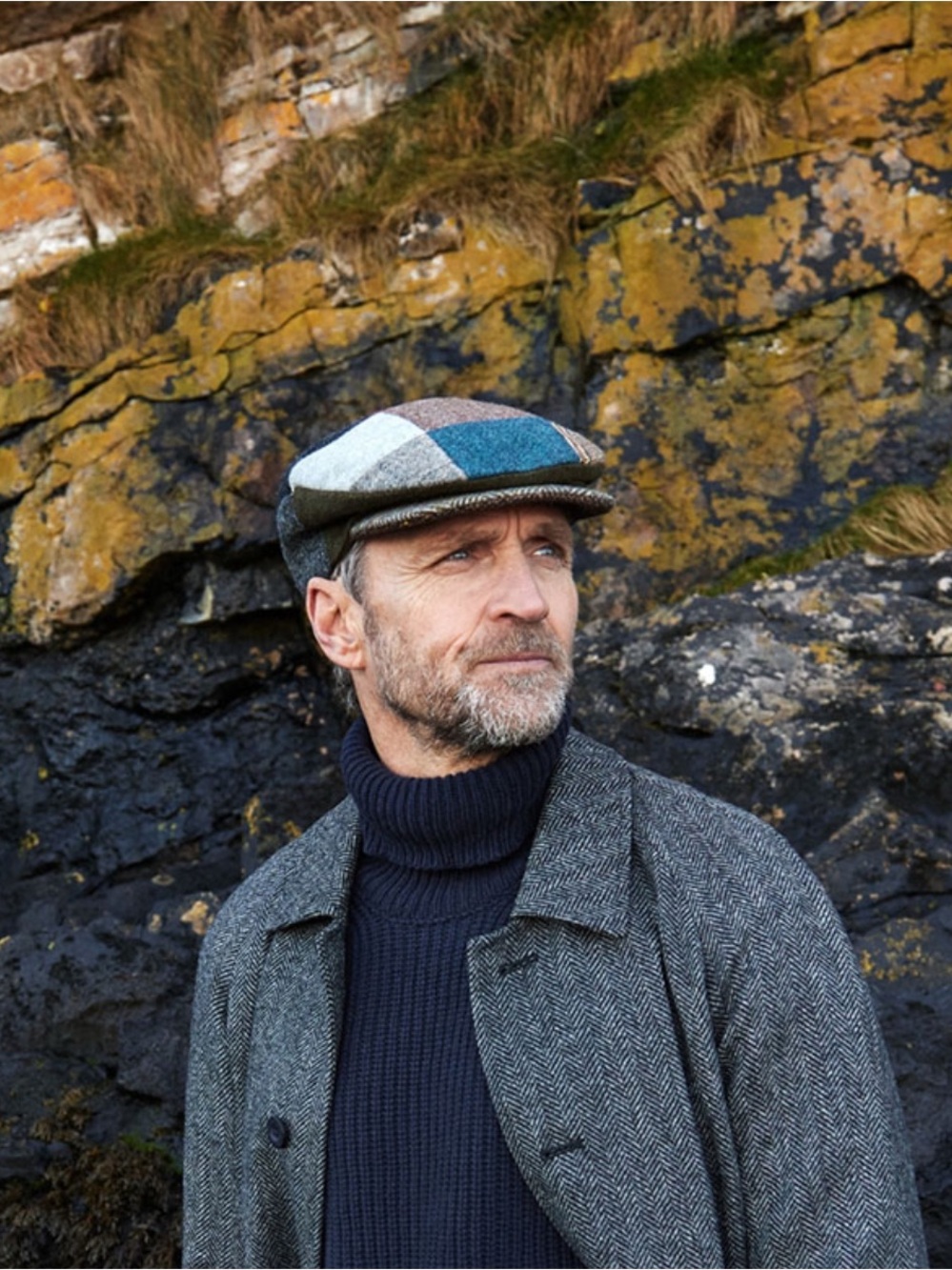 Patchwork Wool Flat Cap in Blue and Brown - Men's Hat